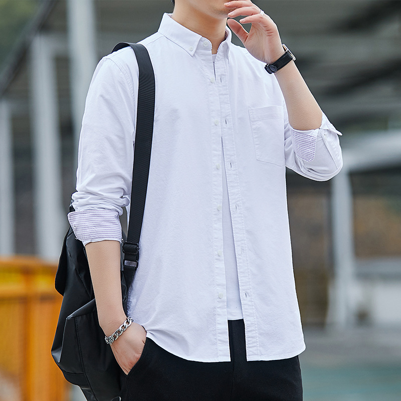 Korean Style Shirt Men's Pure Cotton Slim-fit Casual Long-sleeved Shirt All-match Plain Oxford Spinning Top for Youth