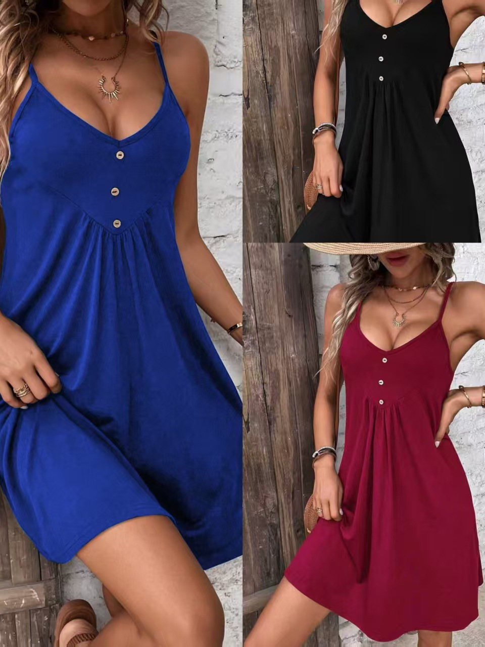2024 European and American Cross-Border New Sexy Hot Girl Knitted Suspender V Neck Waist Slimming Look Suspender Dress