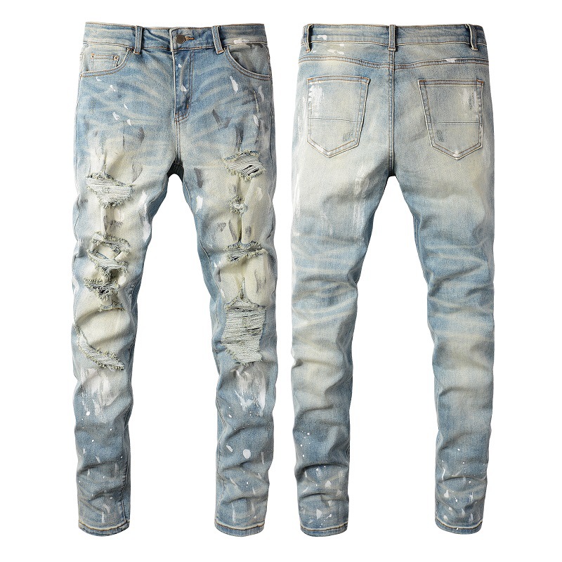 Cross-Border Jeans Trendy Brand Retro Paint Ripped Pants Men's Jeans Men's Slim Pants American Denim 6530