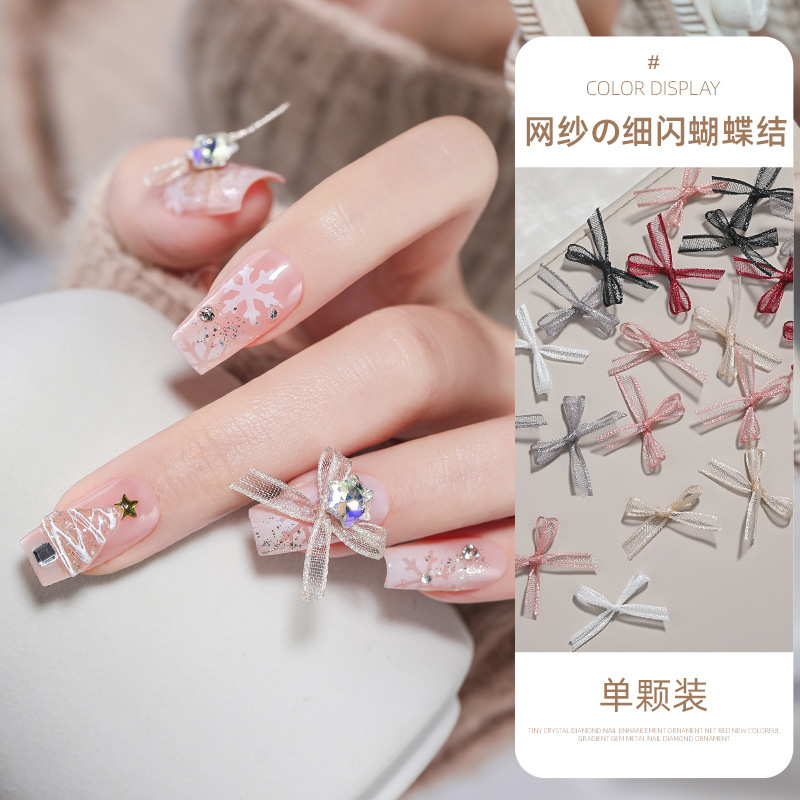 Organza Bow Nail Art Accessories Internet Popular Three-Dimensional Fabric Mesh Lace Ribbon Fairy Solid Color Nail Decoration