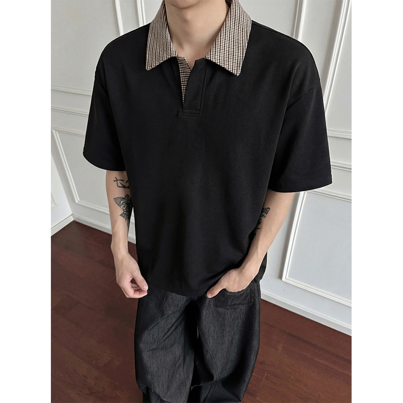 Houndstooth Patchwork Short-Sleeve Men's T-Shirt 2026 American Old Money Style Regular Shoulder T-Shirt with Turn-Down Collar Half-Sleeve Tee