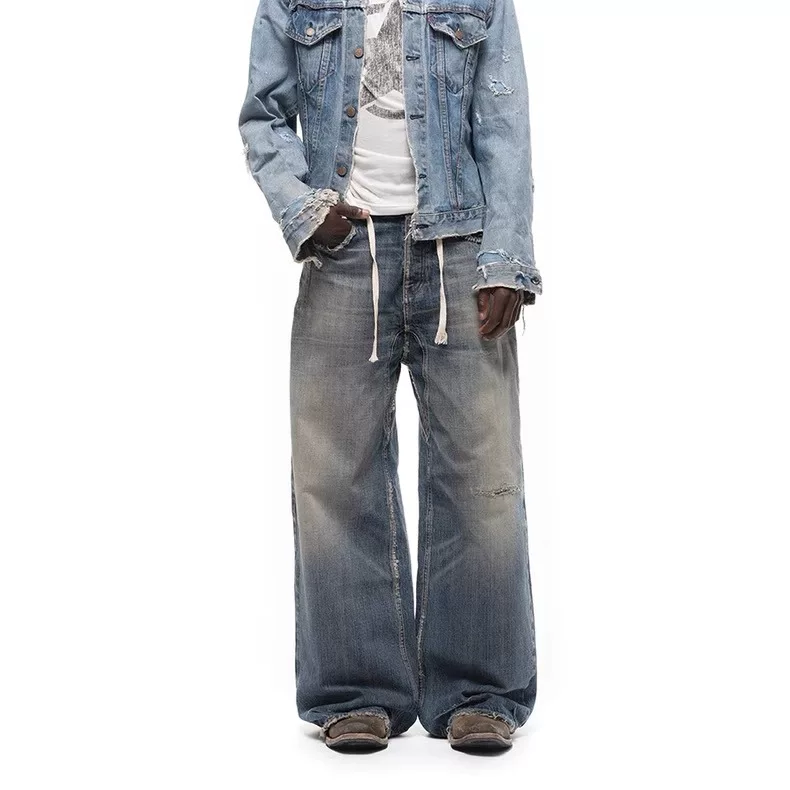 Nofaith Studios washed light blue knife cut boro drawstring worn and worn loose straight leg jeans