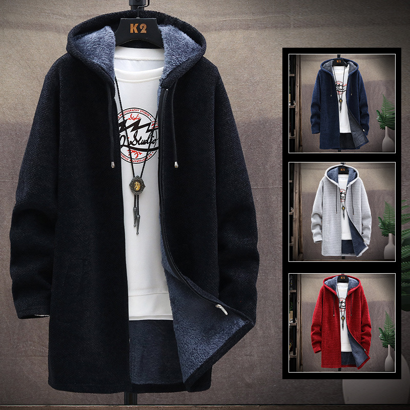 Cross-border special winter coat men's sweater sweater cardigan men's hooded fleece-lined thickened solid color youth casual