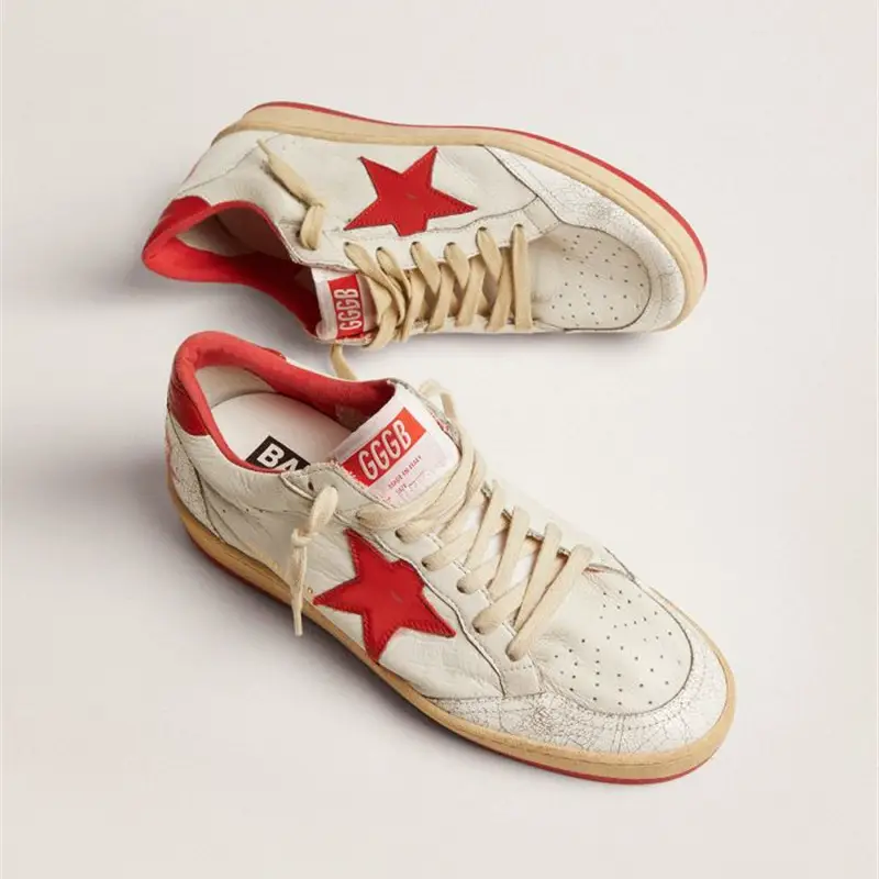 2025 Korean Style Distressed Red Star Sneakers for Women, Lace-Up Retro Casual Flat Genuine Leather Red-Soled Dirty Sneakers