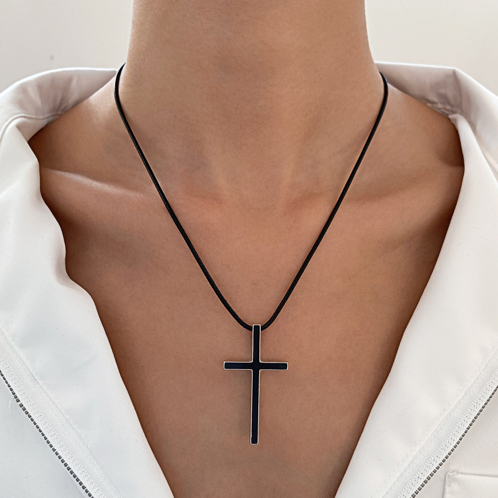 European and American Cross-border Retro Cross Men's and Women's Necklace Simple Leather Rope Chain Oil Dropping Black Steel Edge Classic Pendant