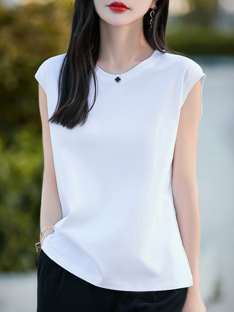 2026 Summer Mercerized Cotton T-Shirt for Women, Round Neck, Loose Fit, Versatile, with Small Flutter Sleeves, Simple Design, Basic Tank Top