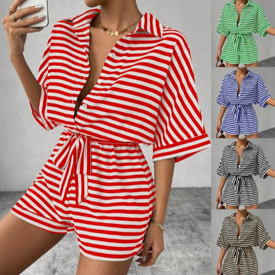 2026 Spring/Summer European and American Foreign Trade Cross-Border Striped Turn-Down Collar Cardigan Buttoned Mid-Sleeve Belt Shorts Set Jumpsuit for Women