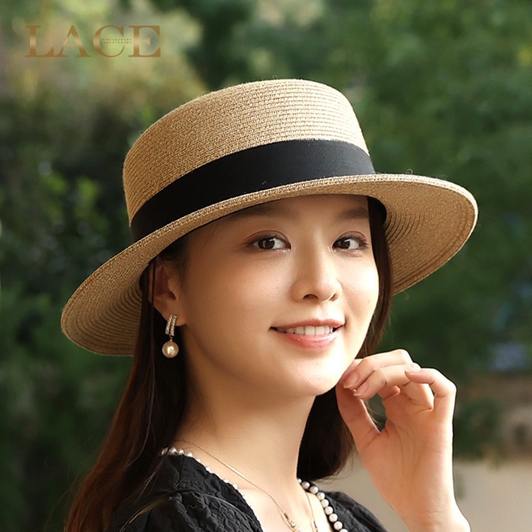Japanese Style Flat Top Straw Hat Women's Summer Sunshade Sunscreen UV Protection Straw Hat Fresh Style Beach Hat for Seaside Holiday