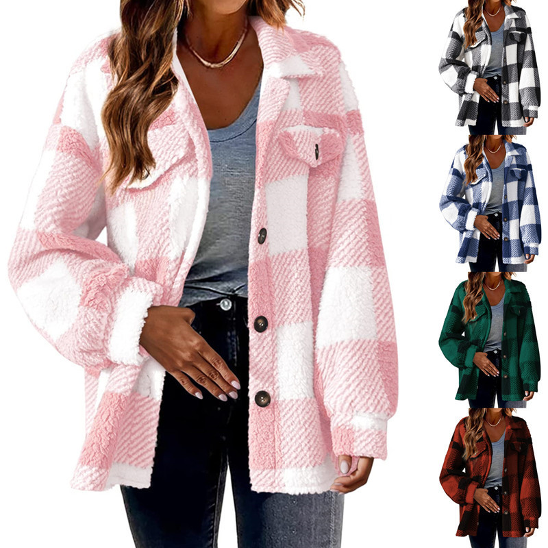 Cross-Border Women's Clothing 2026 New Amazon Autumn and Winter Plaid Sherpa Jacket with Pockets and Buttons Plush Coat