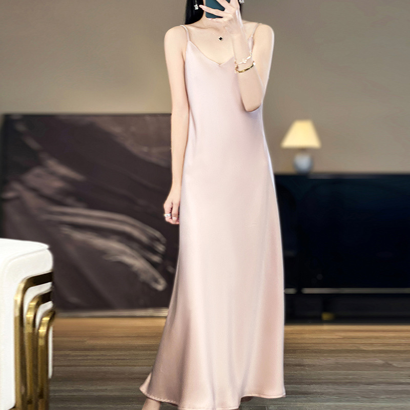 Silk-Like Suspender Dress for Women, Summer Inner Wear Suspender Dress, Satin Acetate Fashionable French Style Long Dress