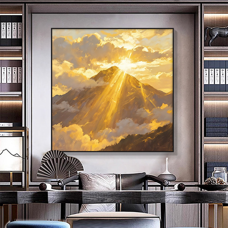 Decorative Painting with a Mountain Backdrop for the Office, American-Style Oil Painting of the Golden Mountain in the Sunrise, Wall Art for the Living Room, Entrance Hall, and Hallway