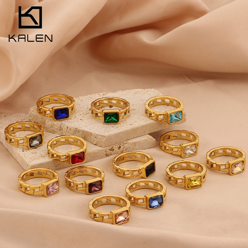 Cross-border popular European and American retro small square multi-color zircon titanium steel ring personality fashion 18K gold plated bracelet for women
