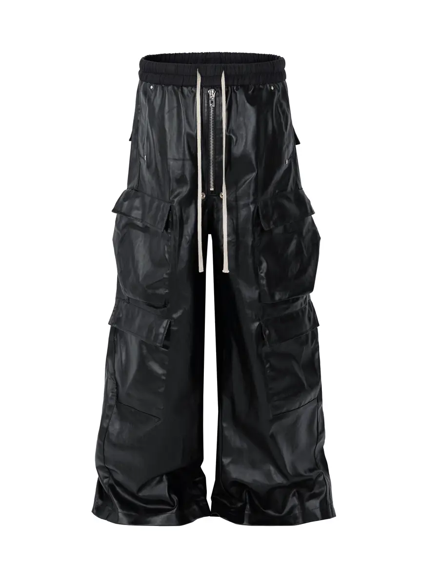 Ro Style Trendy Dark Multi-Pocket Workwear Straight-Leg Casual Drawstring Matte Coated Wide-Leg Floor-Length Pants for Men and Women
