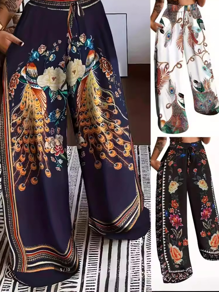 2024 Amazon European and American New Wide-Leg Pants for Women in Autum Fashion Casual Lace-Up Positioning Printed Large Size Pants for Women