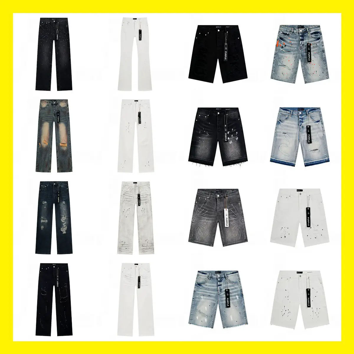 Cross-Border Export Wholesale Purple American High Street Fashion Brand Ripped Patch Splash Ink Retro Washed Jeans Shorts