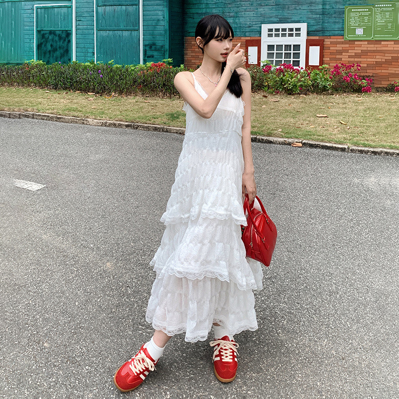 French Suspender Skirt Pastoral Beach White Dress A-line Skirt Versatile Cake Skirt Lace Splicing Skirt Sleeveless