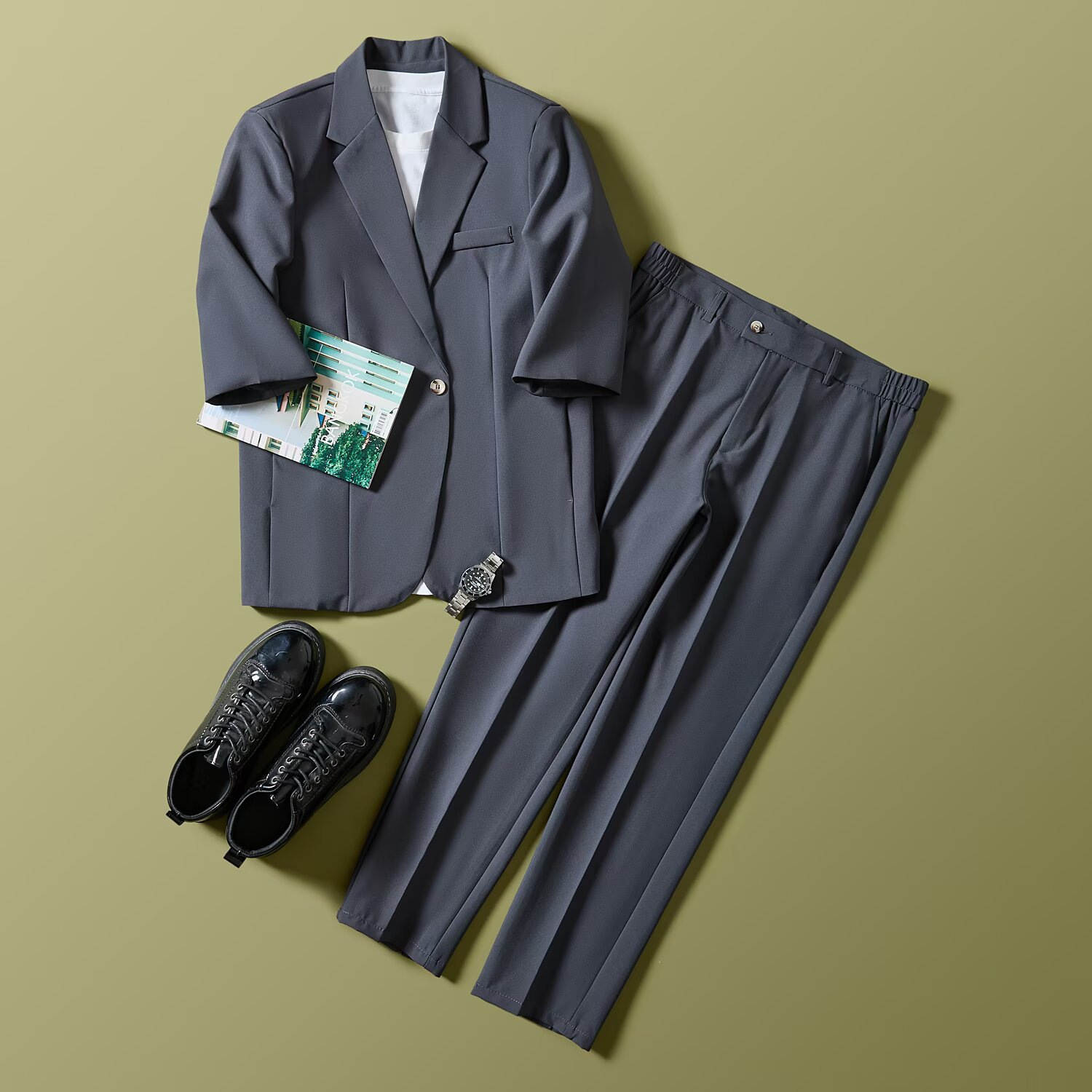 Light Mature Style Three-Quarter Sleeve Casual Suit for Men, Summer Thin Korean Style Loose Mid-Sleeve Men's Suit Two-Piece Set