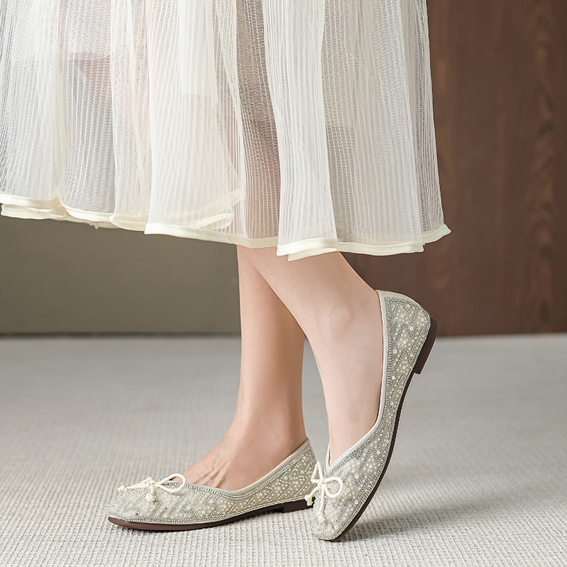 Bow rhinestone square toe flat shoes women's 2025 summer new lady Korean fashion all-match W3266-73