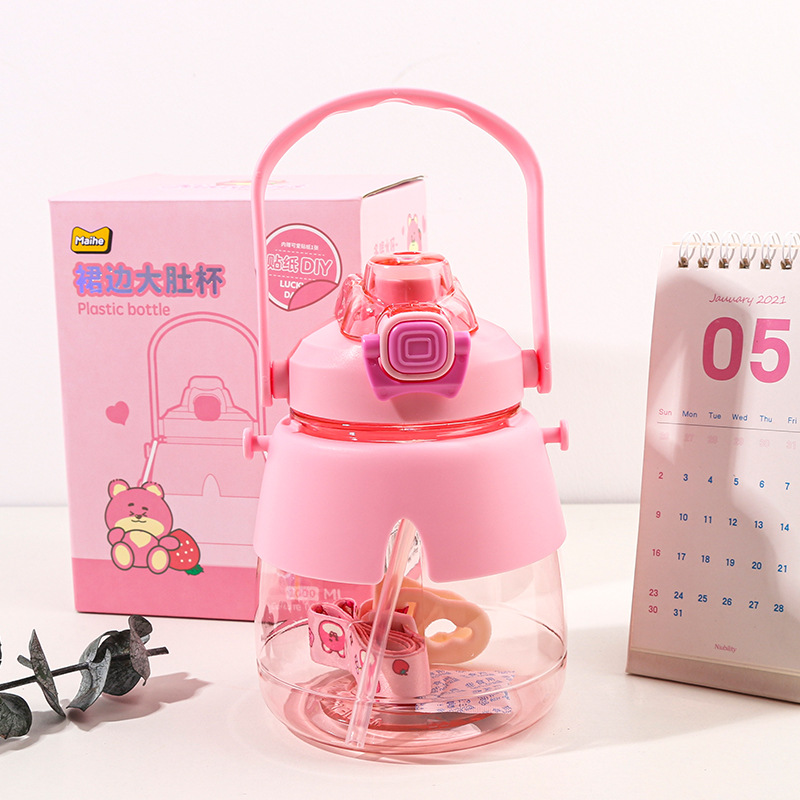 Maihe Stationery Strawberry Rabbit Skirt Belly Cup 1000ml Student Lanyard Transparent Plastic Water Cup Large Capacity
