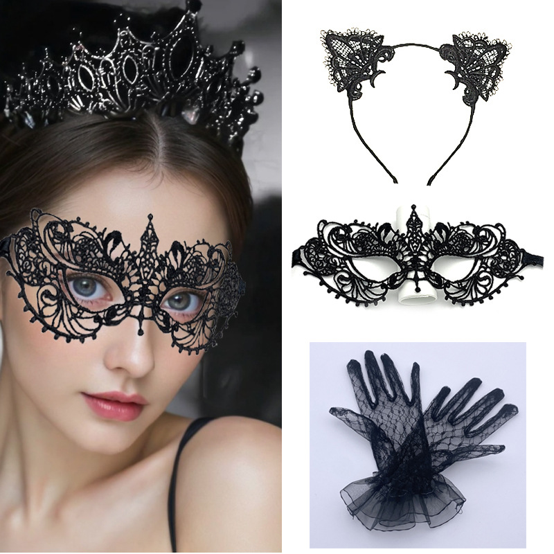 Halloween Props Cute Bell Cat Dress Up White Lace Mask Cat Ears Hair Band Prom Eye Mask Set