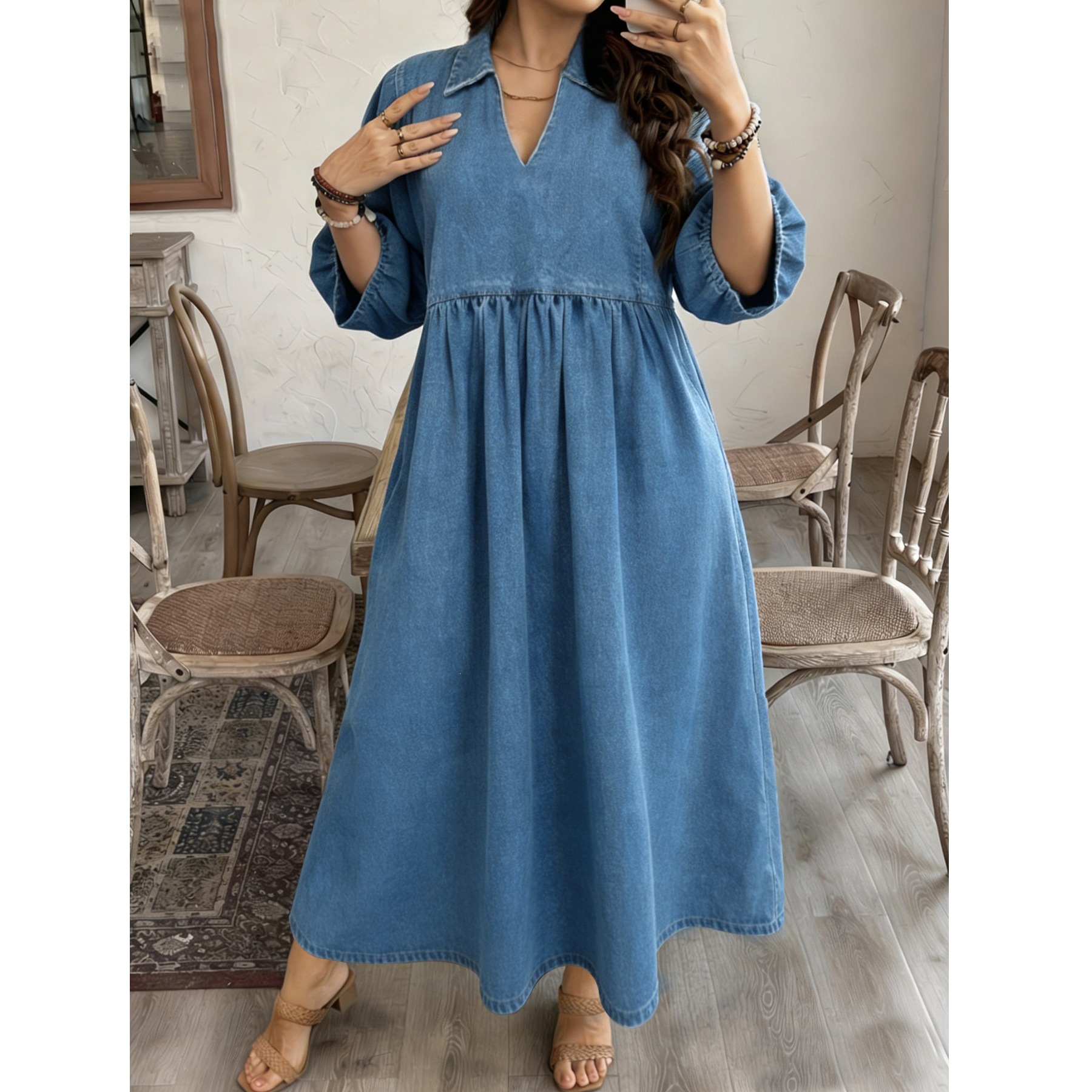 2026 New Plus-Size Denim Dress for Women with Turn-Down Collar, Puff Sleeves, Loose Fit, and Elegant Long Dress That Hides the Figure