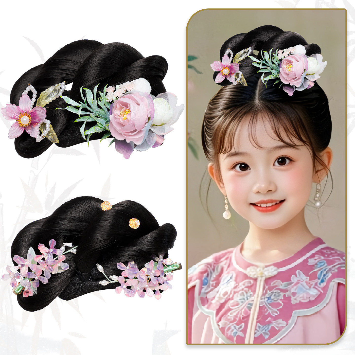 Cute Ancient Chinese Costume for Girls, Versatile Performance Style, Integrated Hair Bun, Palace Style, Versatile Tang-Style Hair Accessory