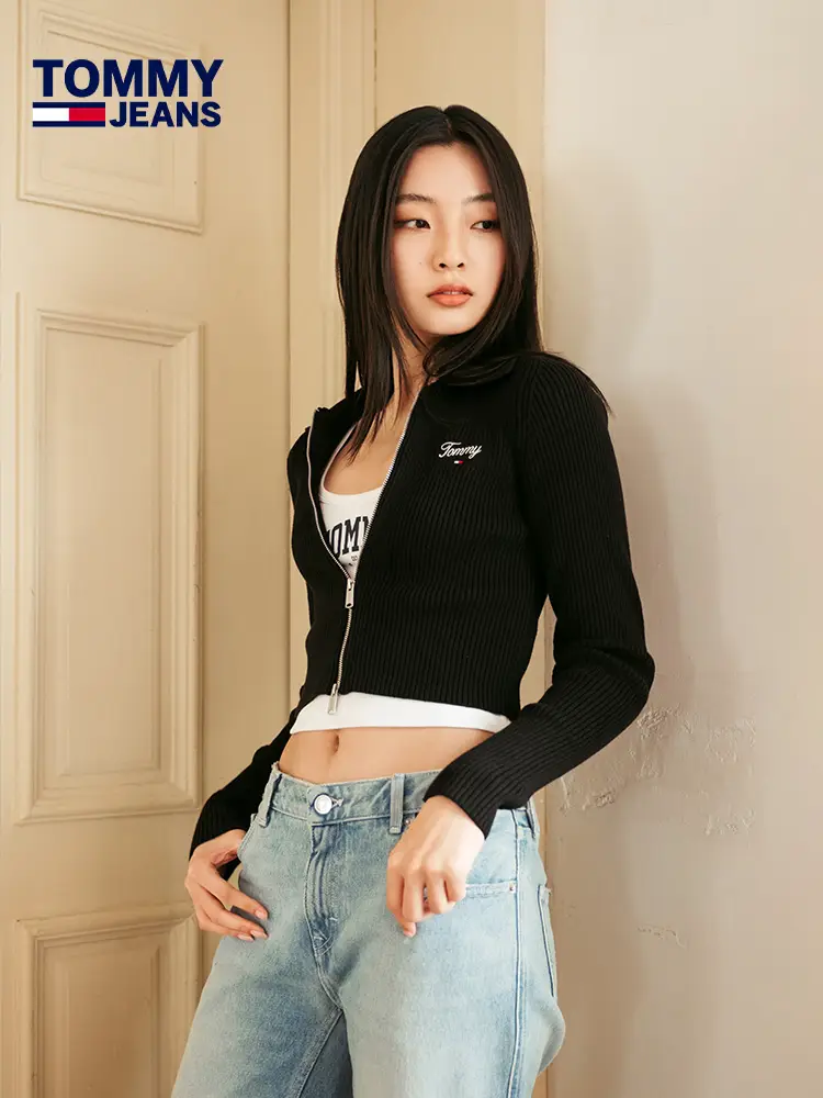[Cotton Cashmere Blend] Tommy Women's Clothing American Retro Embroidered Lapel Texture Knitting Cardigan Outwear