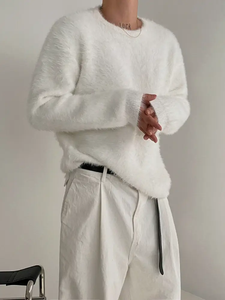 Mrcyc Mink Fur Lazy Knit Sweater for Men, Autumn and Winter Korean Style Loose Solid Color Top, Soft and Thick Round Neck Sweater
