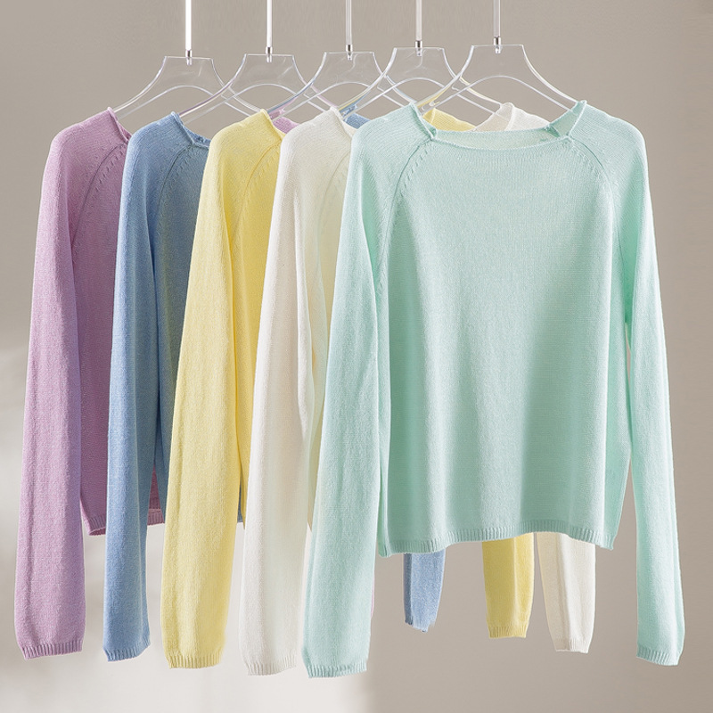 2026 Spring and Summer New Style Natural Rolled Edge Neckline Cool-Feeling Washi Yarn Casual Short Raglan Knit Sweater