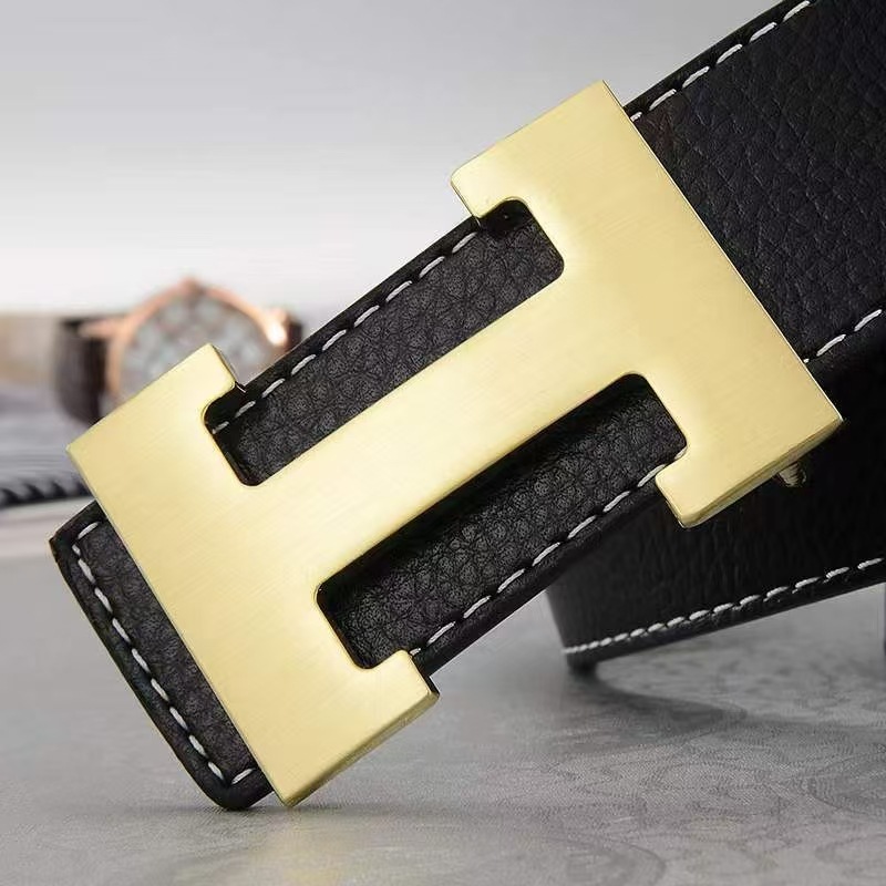 2026 New Men's H Buckle Leather Belt, High-End Cowhide Belt, Fashionable and Simple Trendy Foreign Trade Belt for Young Men QC-foto från 1688 på Qualit.ly