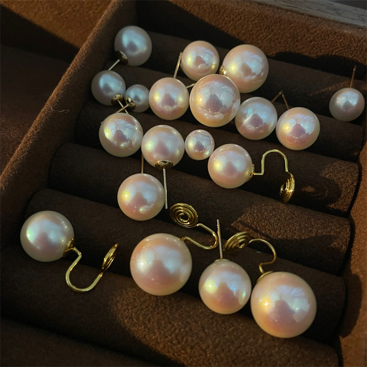 Small bulb colorful dazzling pearl stud earrings mosquito coil earless ear clip fever earrings niche retro earrings