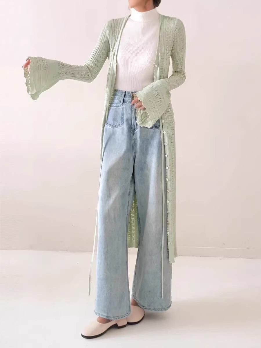 New Stylish Long Knit Cardigan with Lace-Up Design, Hollow-Out Knitwear, Thin Sun-Protective Loose Top Cover-Up for Women