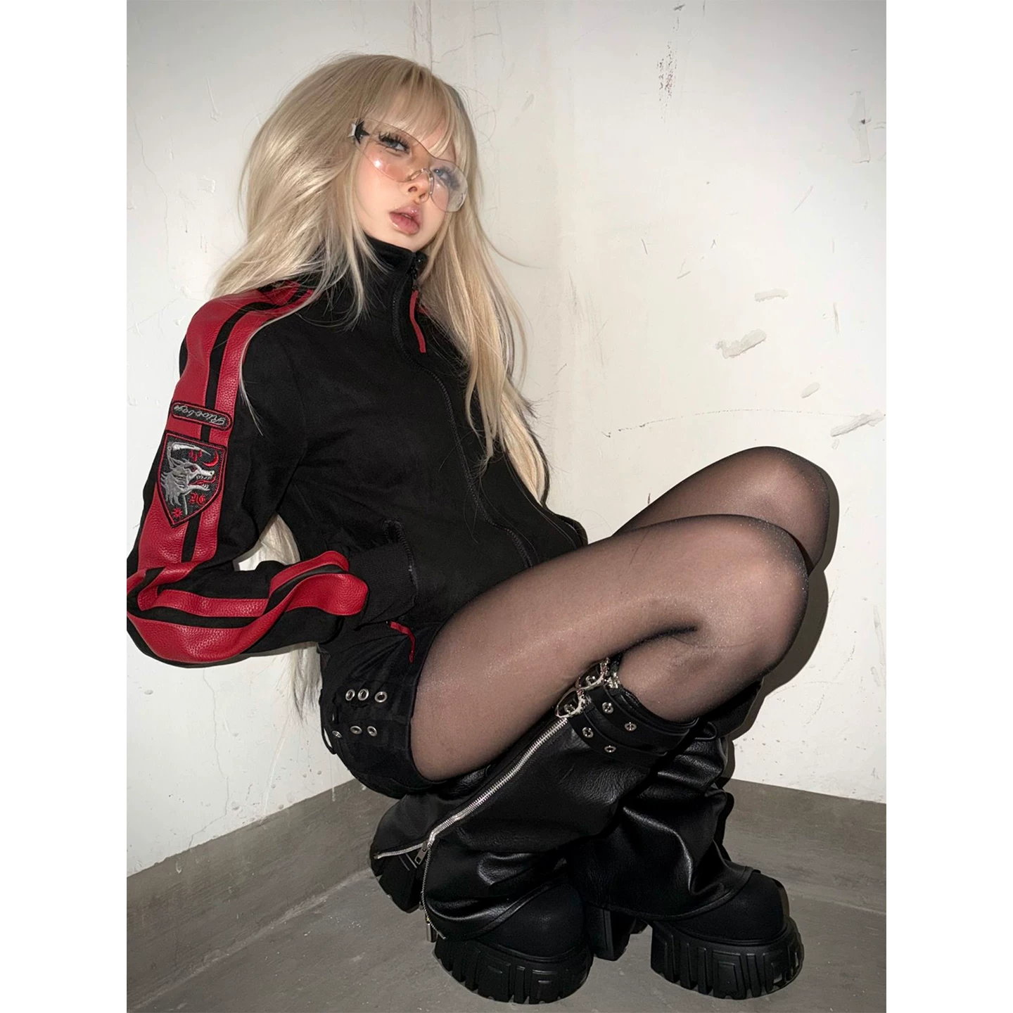Y2k subculture suede shoulder jacket women's autumn and winter new item stand up collar short jacket visual style top design sense