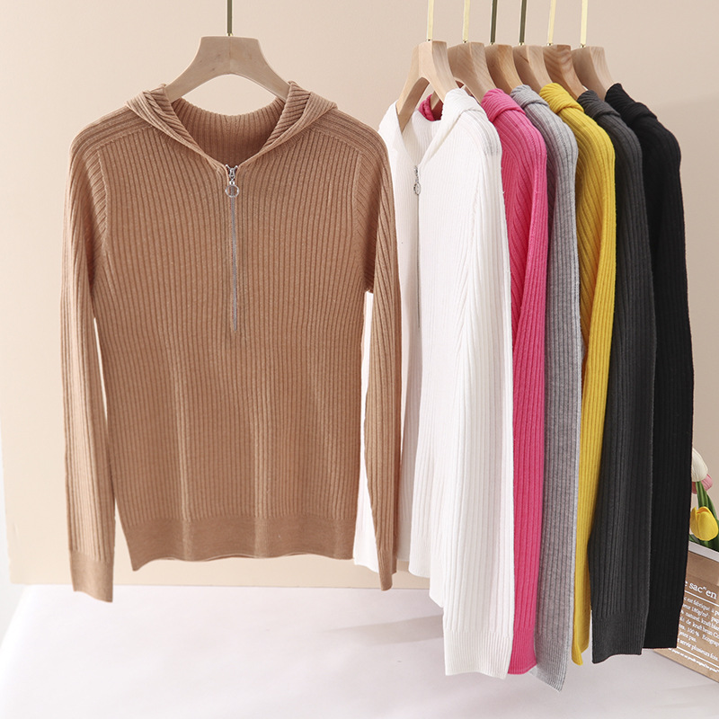 Hooded Zipper silk cashmere autumn and winter New top youth college style long sleeve solid color outerwear sweater