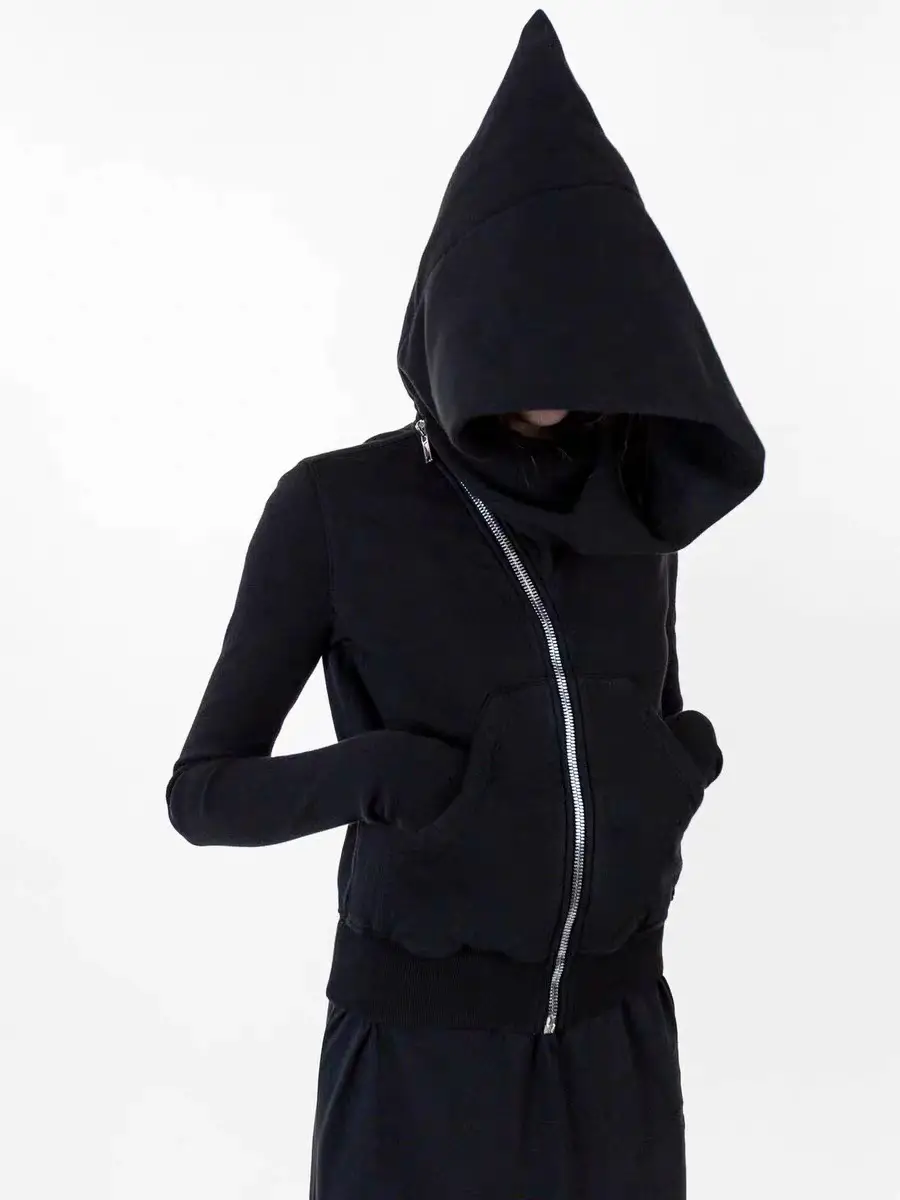 23FW Dark RO Style Wizard Hat Ribbed Sleeves Black Zipper Cotton Solid Color European and American Hoodie Jacket for Women