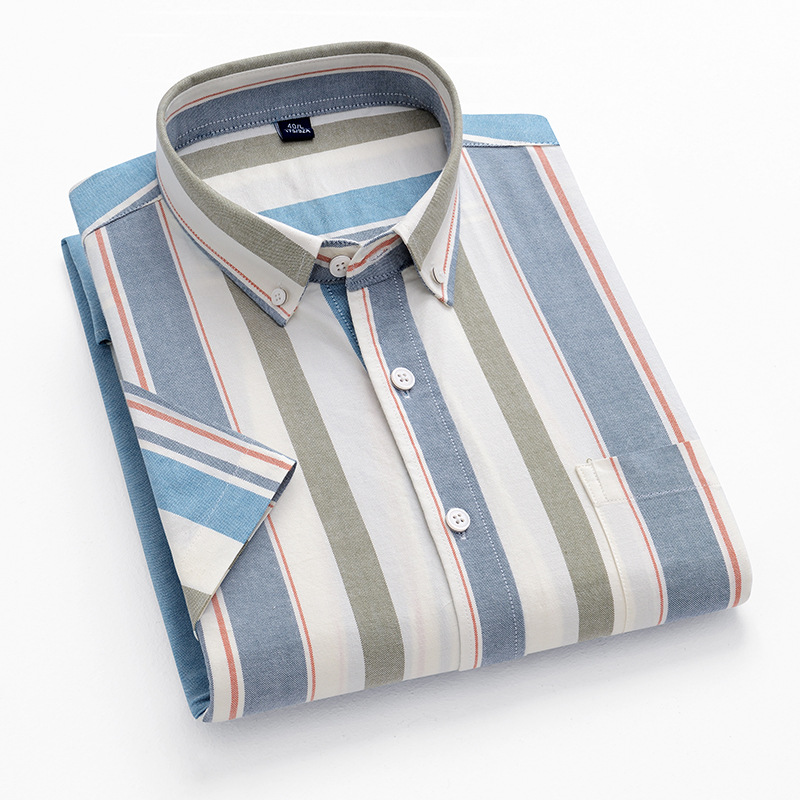 TikTok Same Style Pure Cotton Washed Oxford Spinning Summer Short-sleeved Shirt Young Men's Fashion Casual Striped Shirt