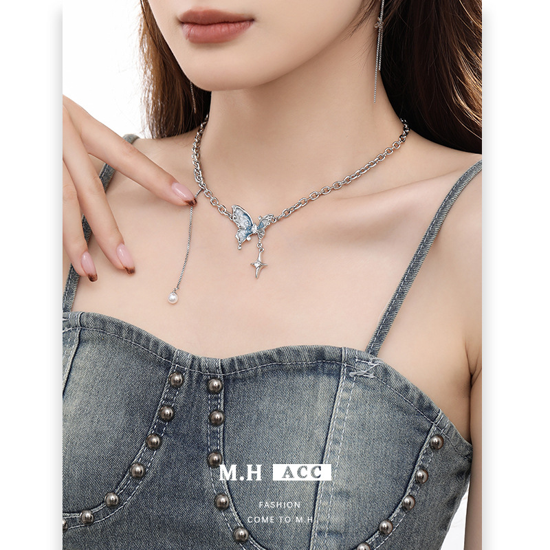 Cold blue and white oil dripping butterfly necklace women's light luxury niche design clavicle chain small fresh sweet necklace wholesale