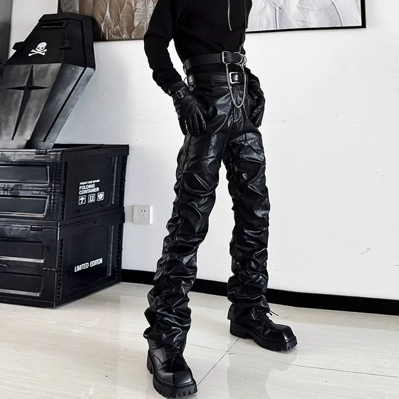 European and American Street Style Pleated Layered Leather Pants for Men and Women, Cyberpunk Rock Pu Straight-Leg Long Pants, Subculture Design