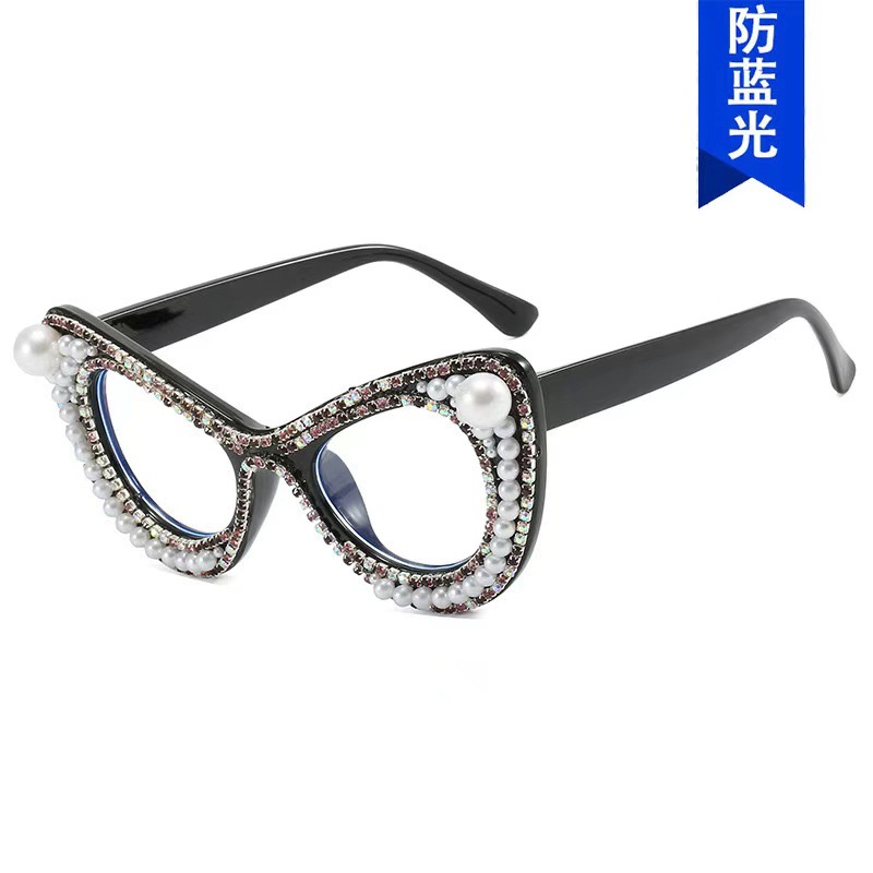 New diamond-encrusted cat's eye flat mirror large frame European and American women's fashion net red glasses frame street shot concave modeling factory