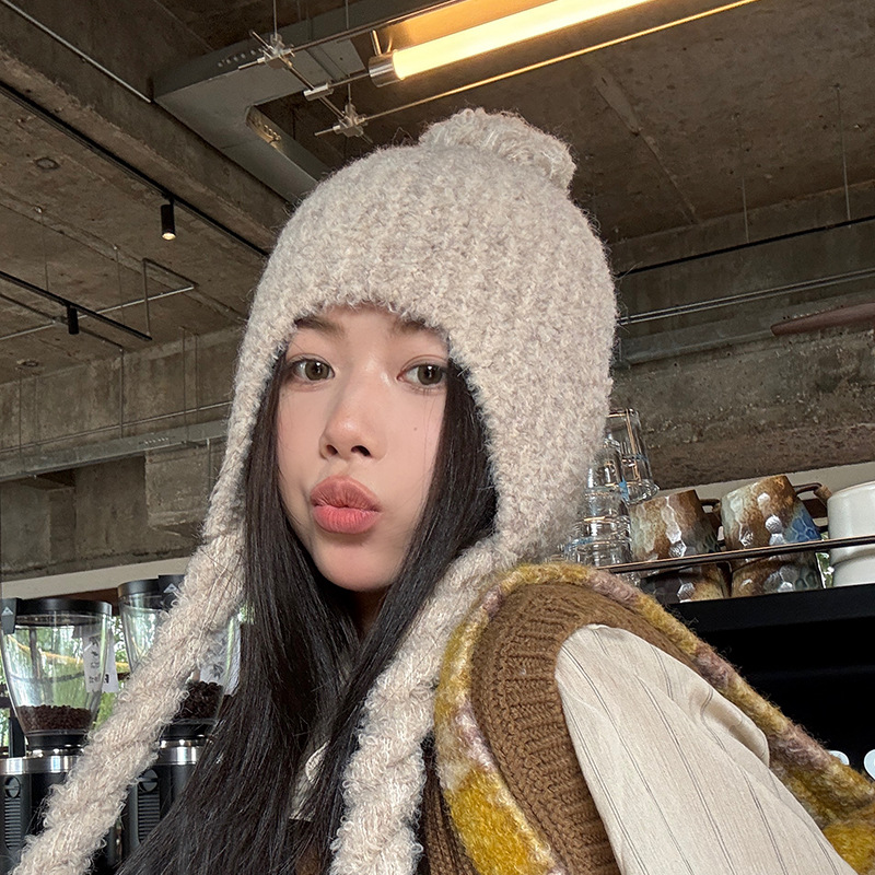 Wool Hat Children's Autumn and Winter Pullover Ear Protection Cold Hat All-match Korean Knitted Hat Cute Fur Ball Strap Wool Hat