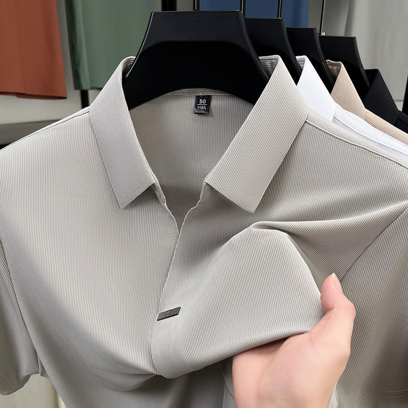 2025 New Summer Men's Lapel Short-Sleeved T-Shirt Ice Silk Short-Sleeved Shirt Solid Color Top T-Shirt Cross-Border Dropshipping