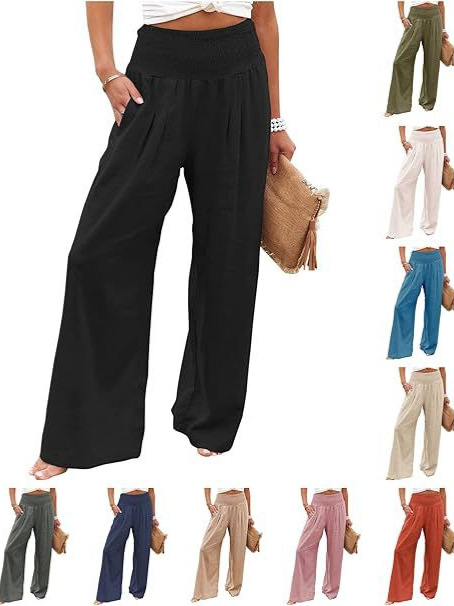 2025 Amazon Women's Linen Pants High Waist Trousers Wide Leg Flowing Pants Beach Vacation Wear Casual Wear