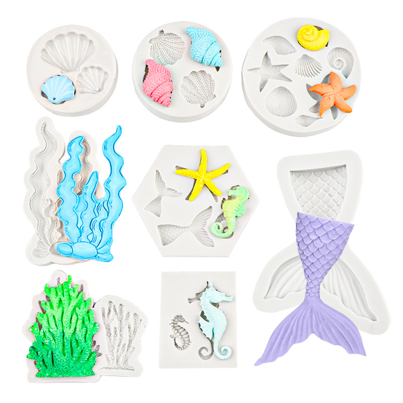 Ocean Series Shell Coral Silicone Mold Fold Sugar Mold Hippocampus Fishtail Starfish Baking Cake Chocolate Mold