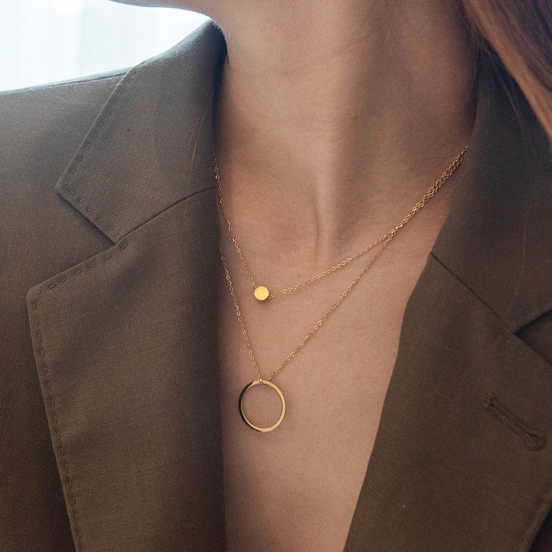 Elegant 18K furnace real gold European and American necklace simple ins circle stainless steel double-layer net Red fashion elegant all-match