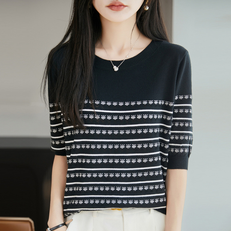 Summer New Retro Knitted Short-Sleeved T-Shirt for Women, Loose-Fitting Round-Neck Thin Top, Half-Sleeved Contrasting Jacquard Blouse