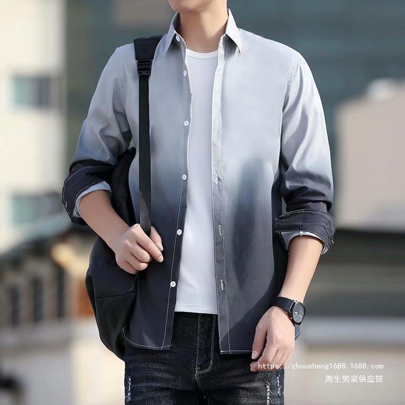 2024 Spring/Summer Gradient Shirt Men's Long-sleeved Korean-style Slim-fit Student's Fashionable Handsome Shirt Clothes Men's Thin Free Shipping