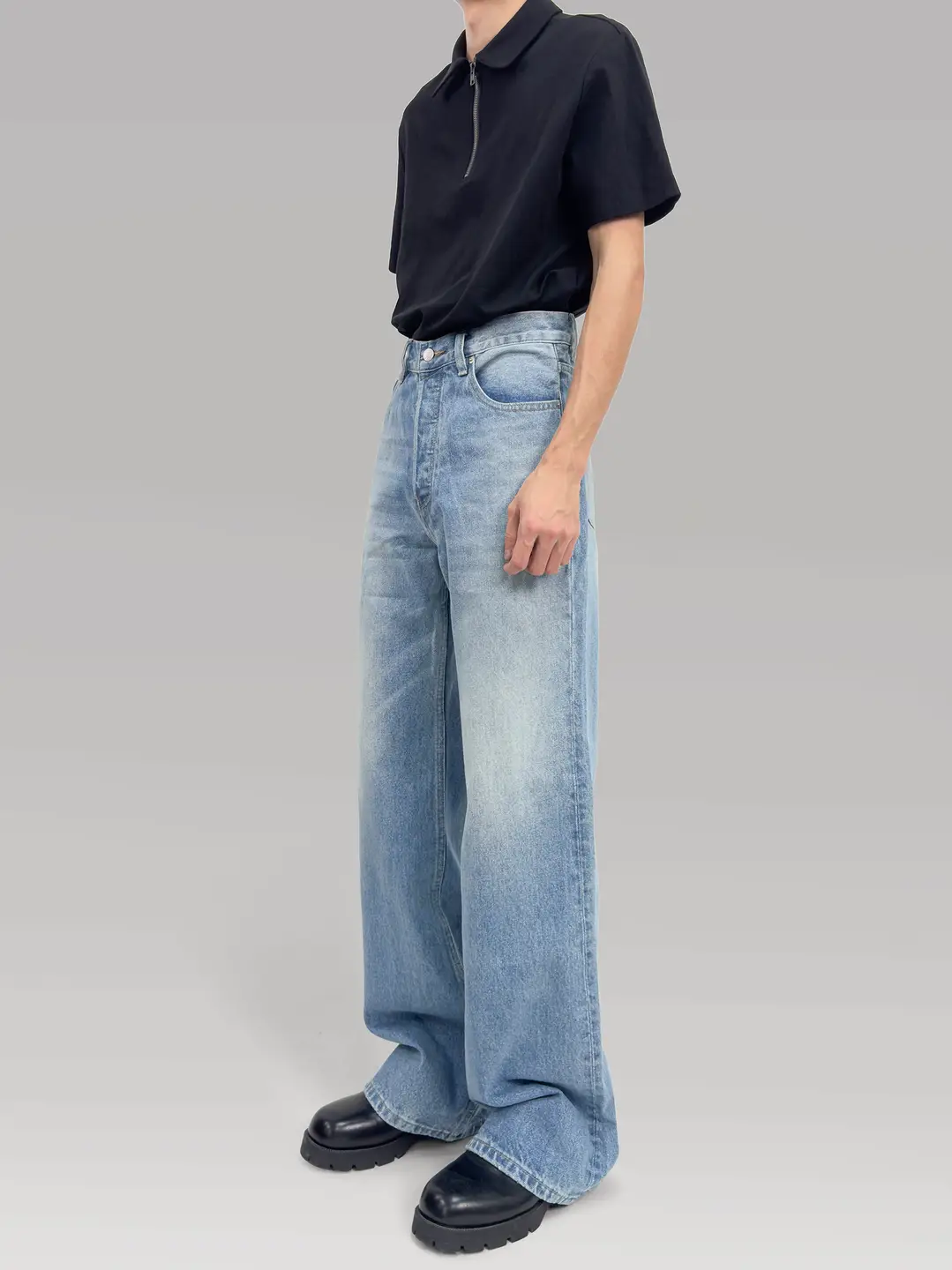【 Plus No Logo】2021M Fit Washed Distressed Blue Loose Bootcut Jeans