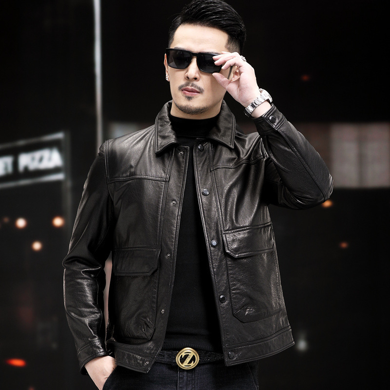 Haining Genuine Leather Jacket Men's First Layer Cowhide Oil Wax 2025 New Lapel Short Slim Motorcycle Leather Jacket