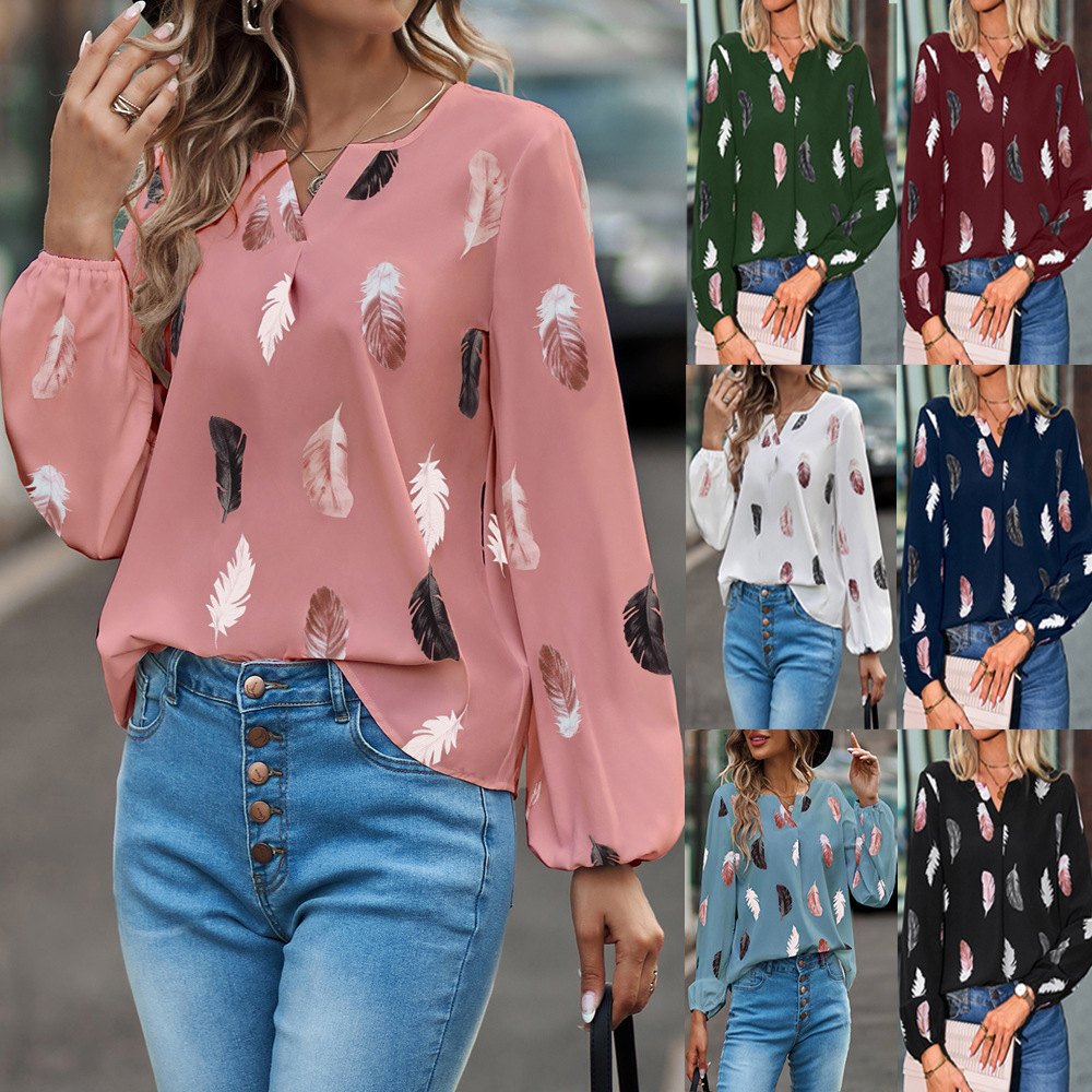 Cross-Border 2026 Spring New Amazon European and American Women's Clothing V-Neck Feather Print Long-Sleeve Loose T-Shirt Women's Top