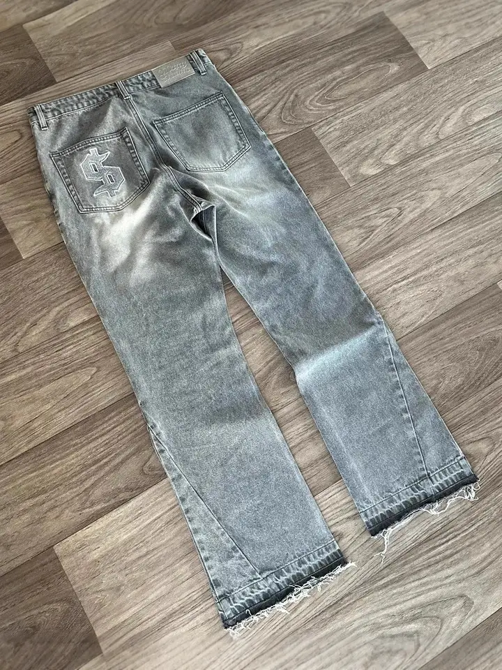 Cross-Border American High Street Washed Retro Jeans with Distressed Letter Embroidery for Men and Women Wide-Leg Raw Edge Loose Straight Pants